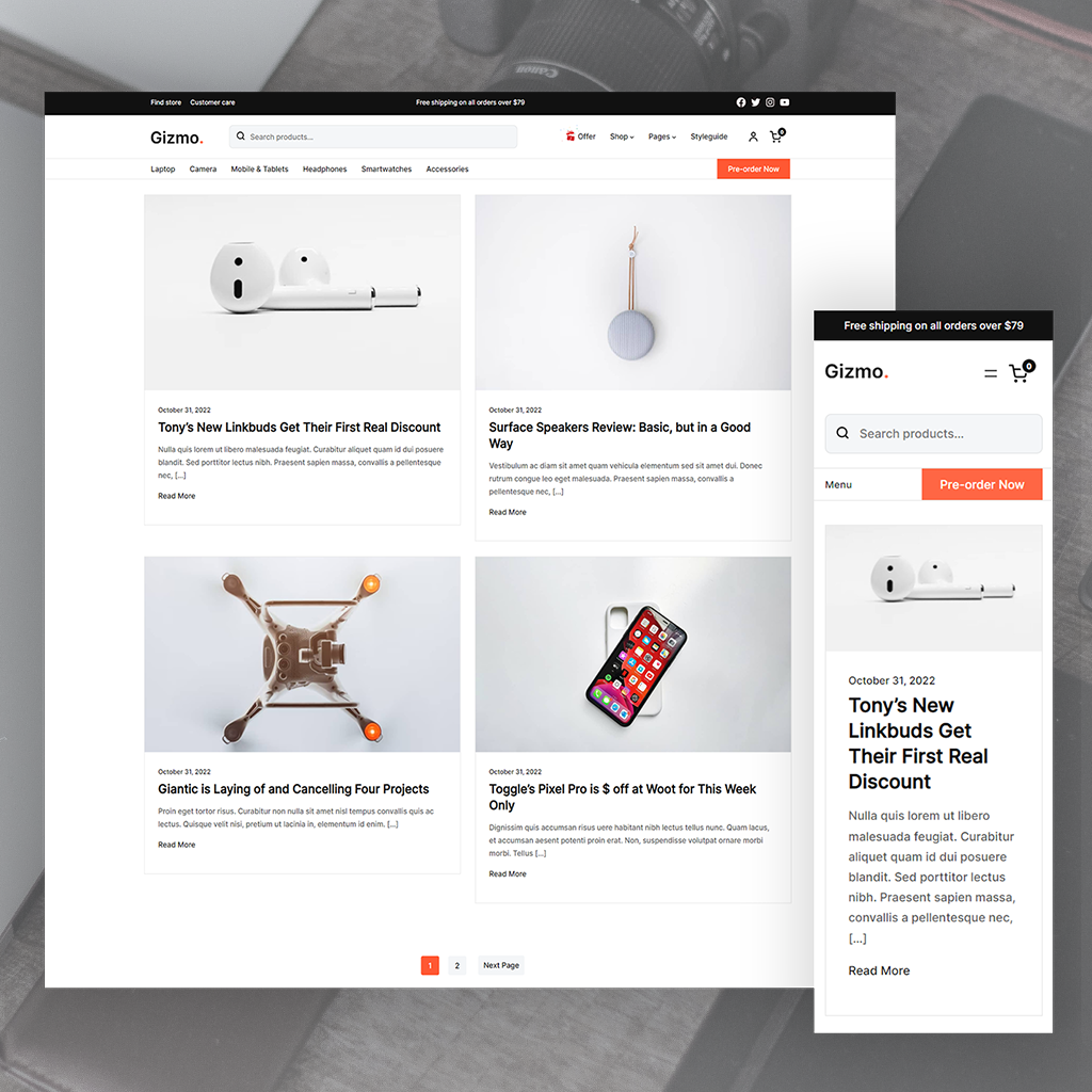 Blog page showing four posts in a two-column grid including 'Tony's New Linkbuds Get Their First Real Discount' and 'Surface Speakers Review' with featured images, dates, and excerpts, plus mobile view