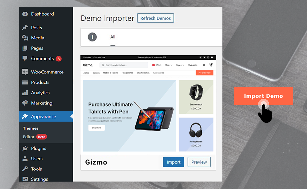 WordPress admin panel showing Demo Importer page with Gizmo theme preview, Import and Preview buttons, and sidebar navigation including WooCommerce, Products, Analytics, Marketing, and Appearance menus