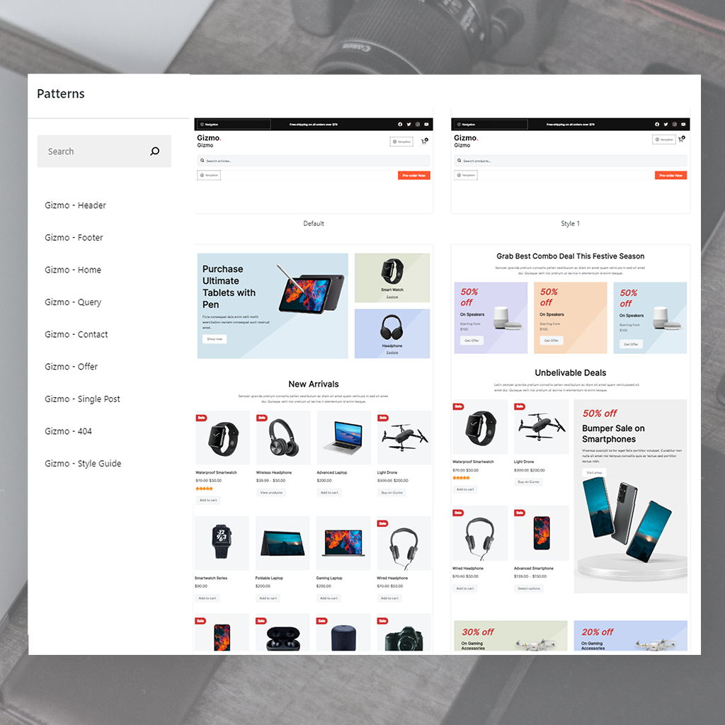 Gutenberg patterns panel showing Gizmo's pre-built patterns including Header, Footer, Home, Query, Contact, Offer, and Style Guide with Default and Style 1 layout variations