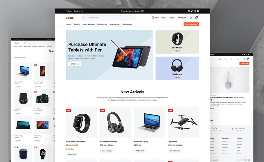 Gizmo WooCommerce theme homepage with hero banner, product grid, and responsive views