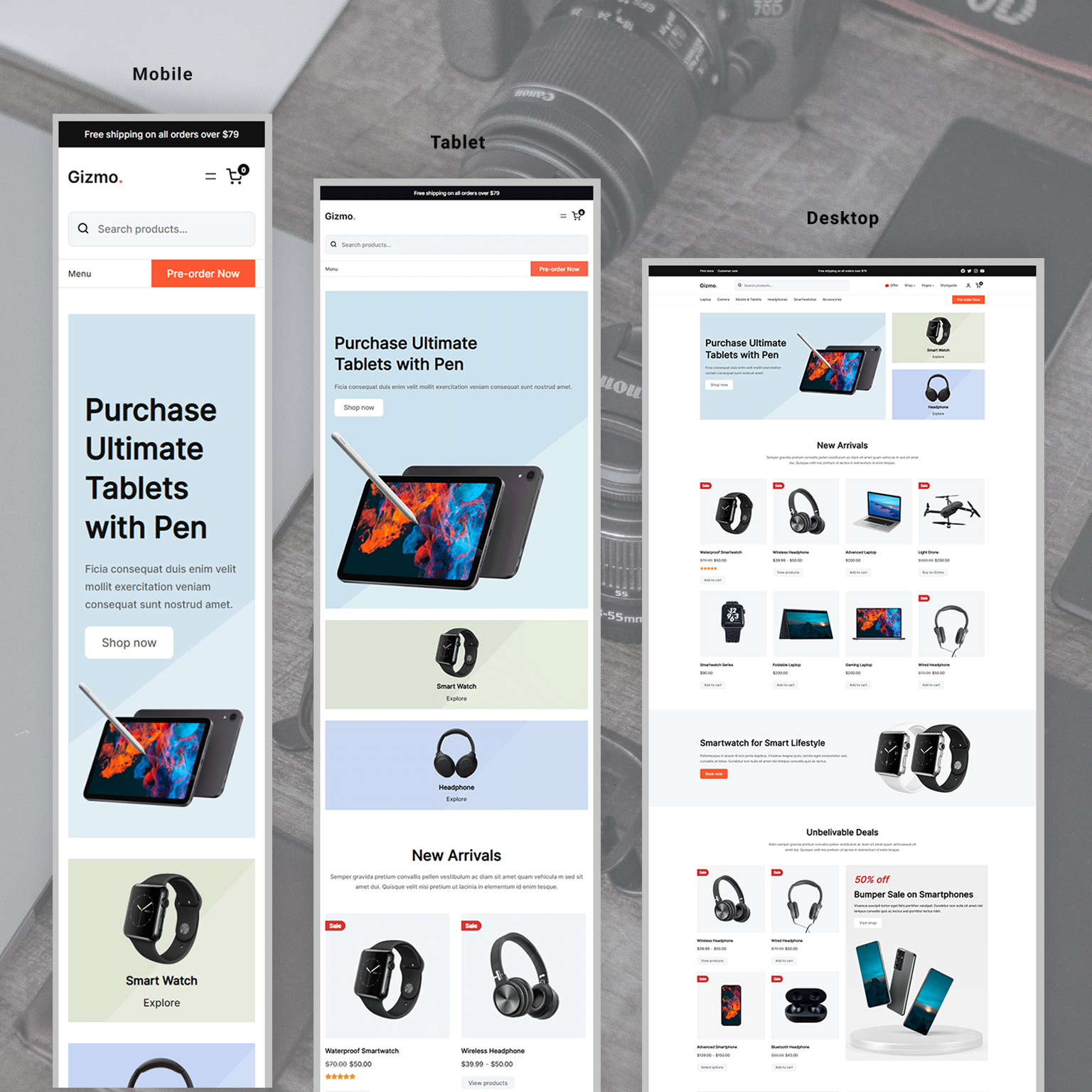 Three responsive views side by side showing Mobile with single-column layout, Tablet with two-column product grid, and Desktop with full four-column grid and category navigation