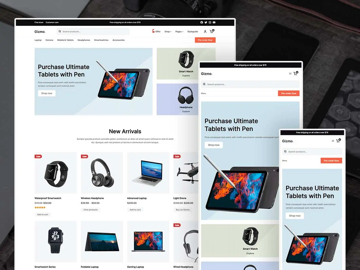 Gizmo homepage showing desktop and tablet responsive views with hero banner, category cards, new arrivals product grid, and smartwatch lifestyle section