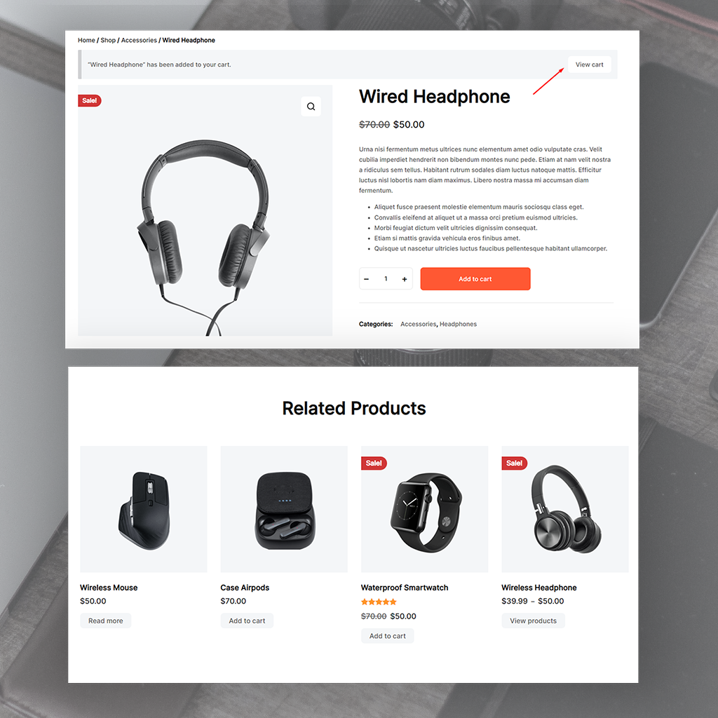 Product detail page for Wired Headphone showing large product image, sale price, description, bullet points, quantity selector, add-to-cart button, and related products section