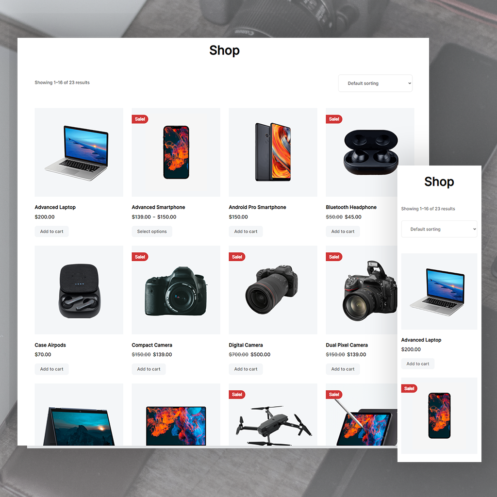 Shop page showing a 4-column product grid with 23 results including Advanced Laptop, Advanced Smartphone, Android Pro Smartphone, Bluetooth Headphone, Case Airpods, cameras, and more with prices and add-to-cart buttons