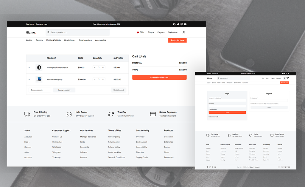 Cart page showing product table with Waterproof Smartwatch and Advanced Laptop, quantity controls, coupon code input, cart totals with proceed-to-checkout button, and login/register page with trust indicators