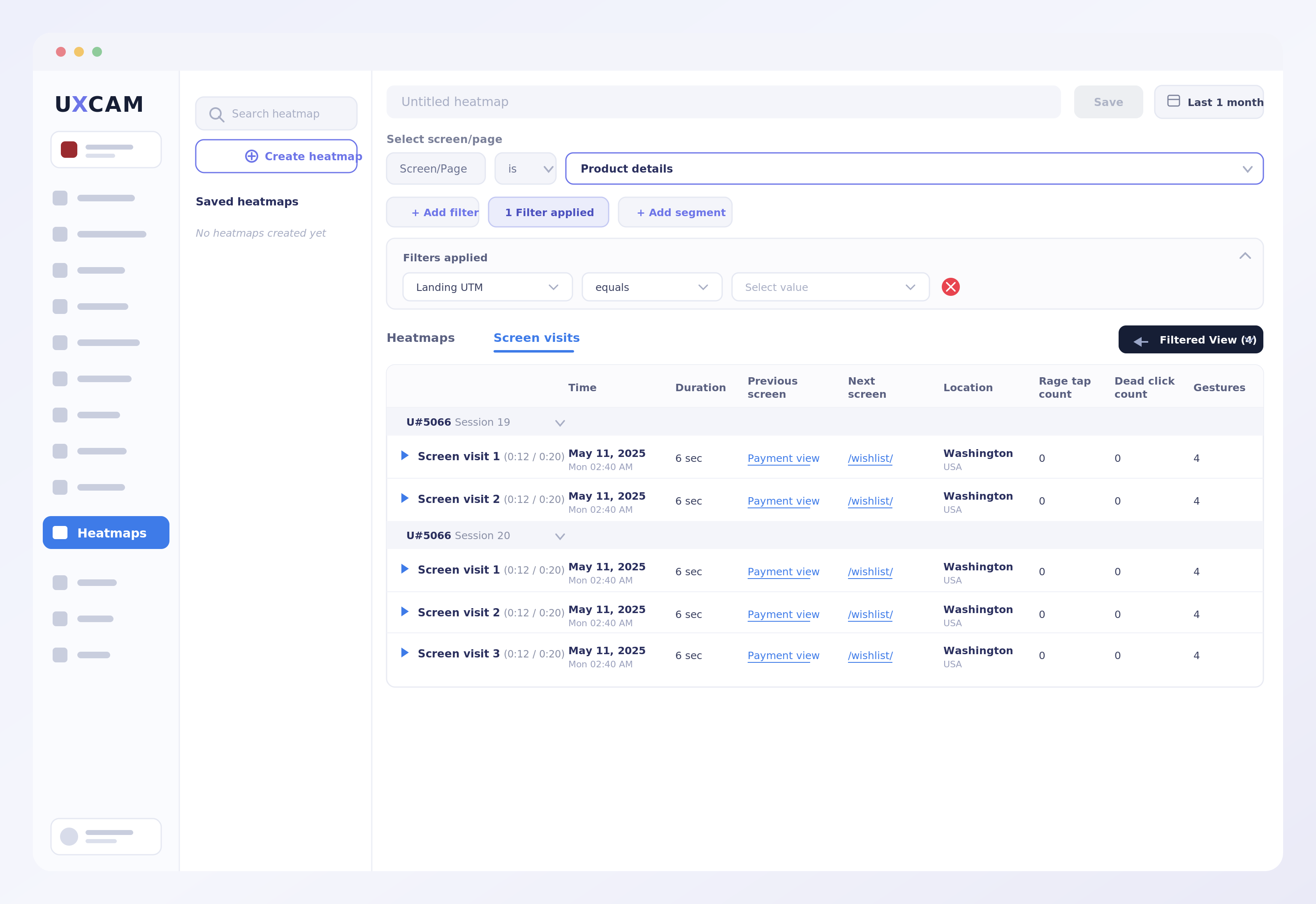 Screen visits table showing individual session data with timestamps, duration, previous and next screens, location, rage tap and dead click counts, and applied filters