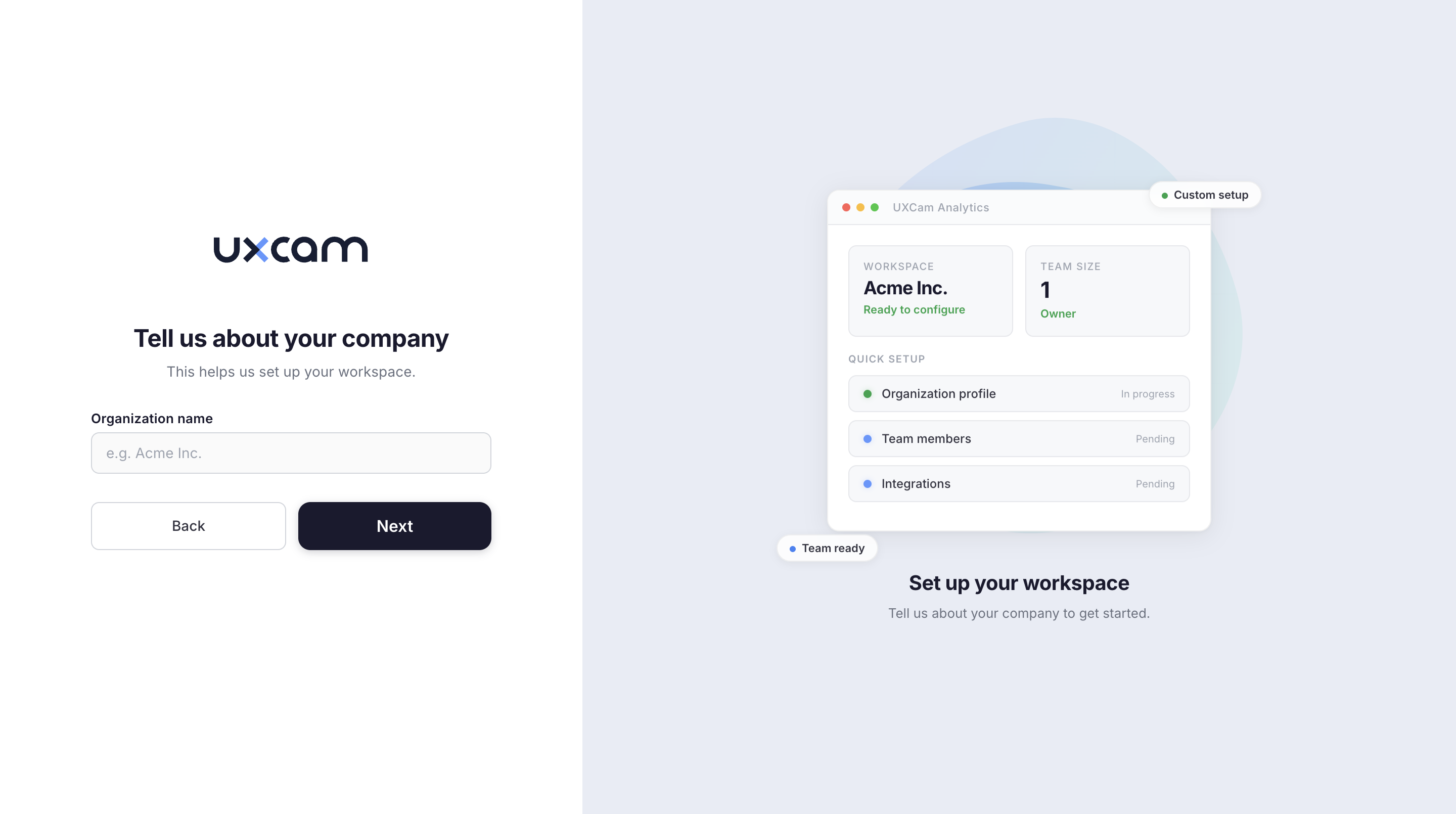 Tell us about your company step with organization name input and workspace setup preview