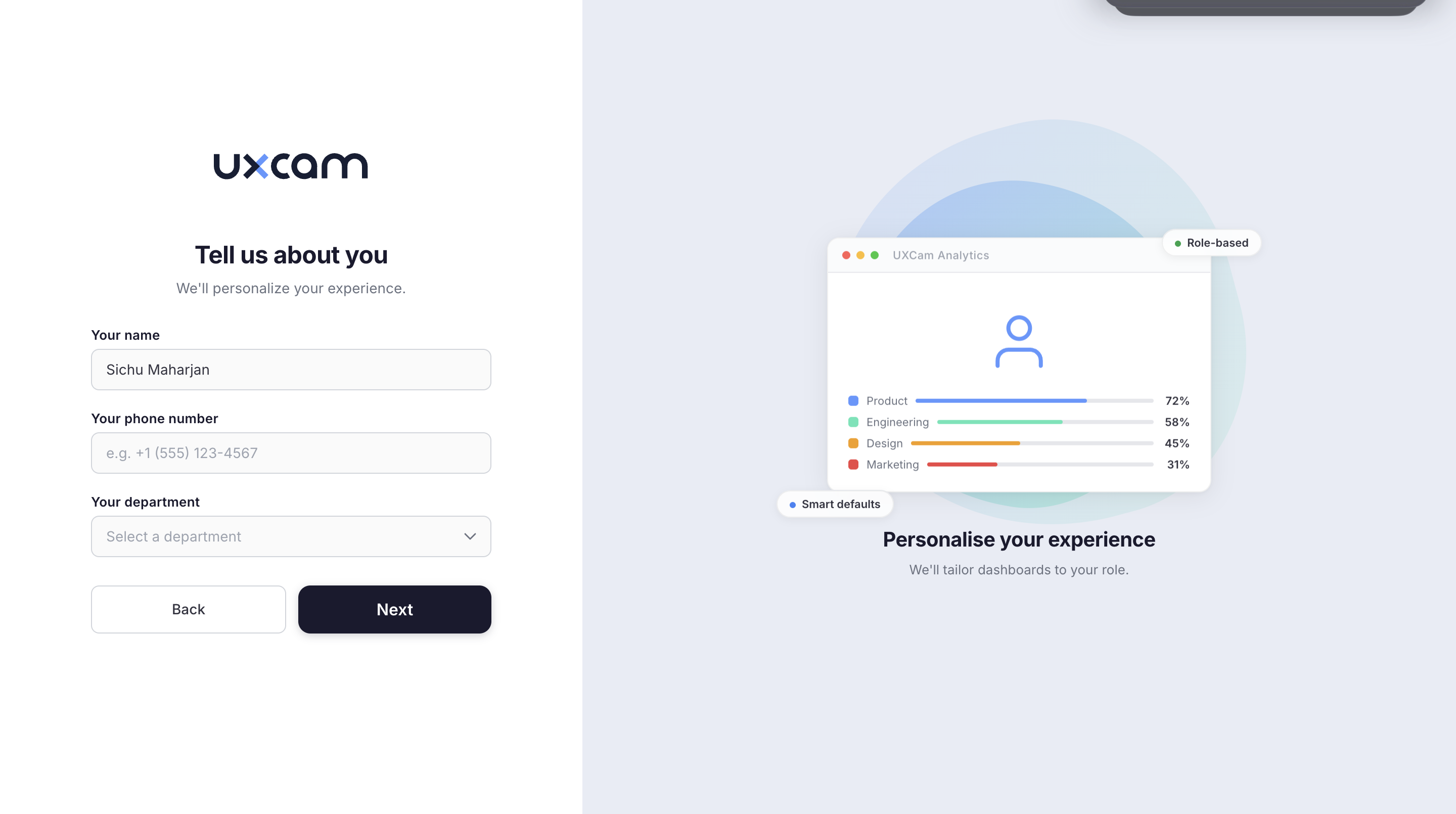Tell us about you step with name, phone number, and department fields for role-based personalization