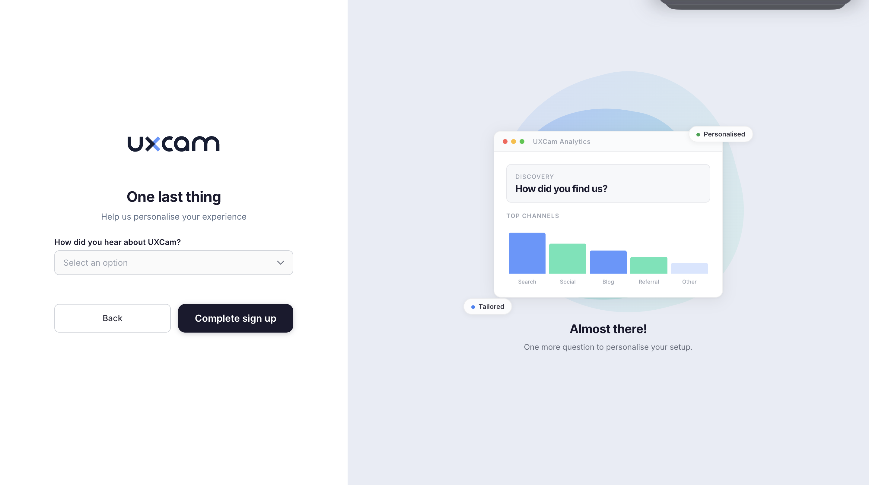 One last thing step asking how the user heard about UXCam, with a channel breakdown chart preview