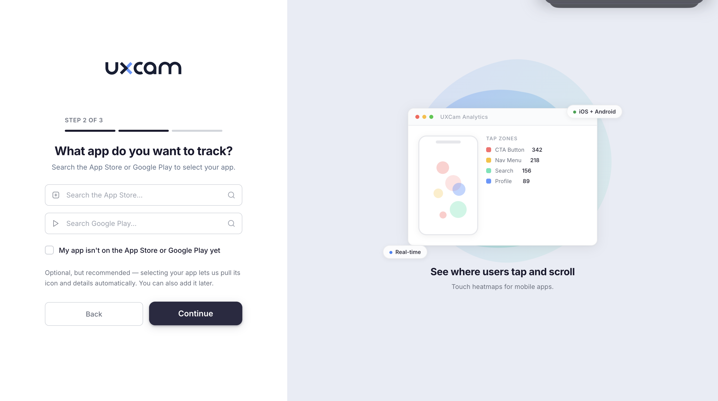Step 2 of 3: What app do you want to track with App Store and Google Play search inputs