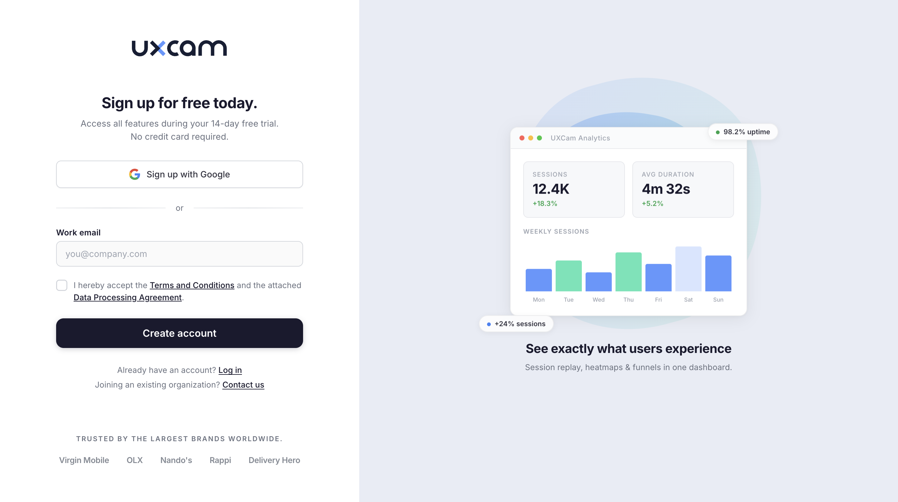 UXCam sign up page with Google sign up, email input, and analytics dashboard preview